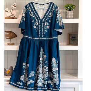 BloomChic Blue Floral Boho Midi Dress 18/20 Pockets Lined V-Neck